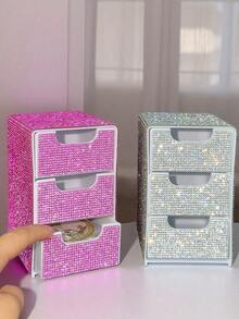 Rhinestone 3-Drawer High-Gloss Desktop Storage Box Organizer For Jewelry, Cosmetics And Accessories,Gifts For Women,Christmas Gifts,Gift Ideas For Women