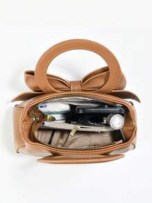 Solid Color Women's Handbag With Elegant Bow Detail, Classic Shoulder Bag Suitable For Students, Teachers, Office Ladies, Adjustable Strap - Very Chic - Brown - View 5