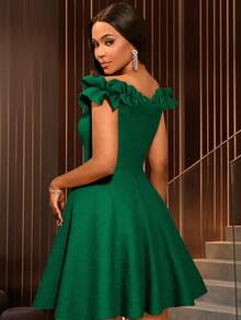AOMEI Women's Green Jacquard Ruffle Open Shoulder A-Line Dress, Suitable For Wedding Guest, Cocktail Party Spring - Green - View 3