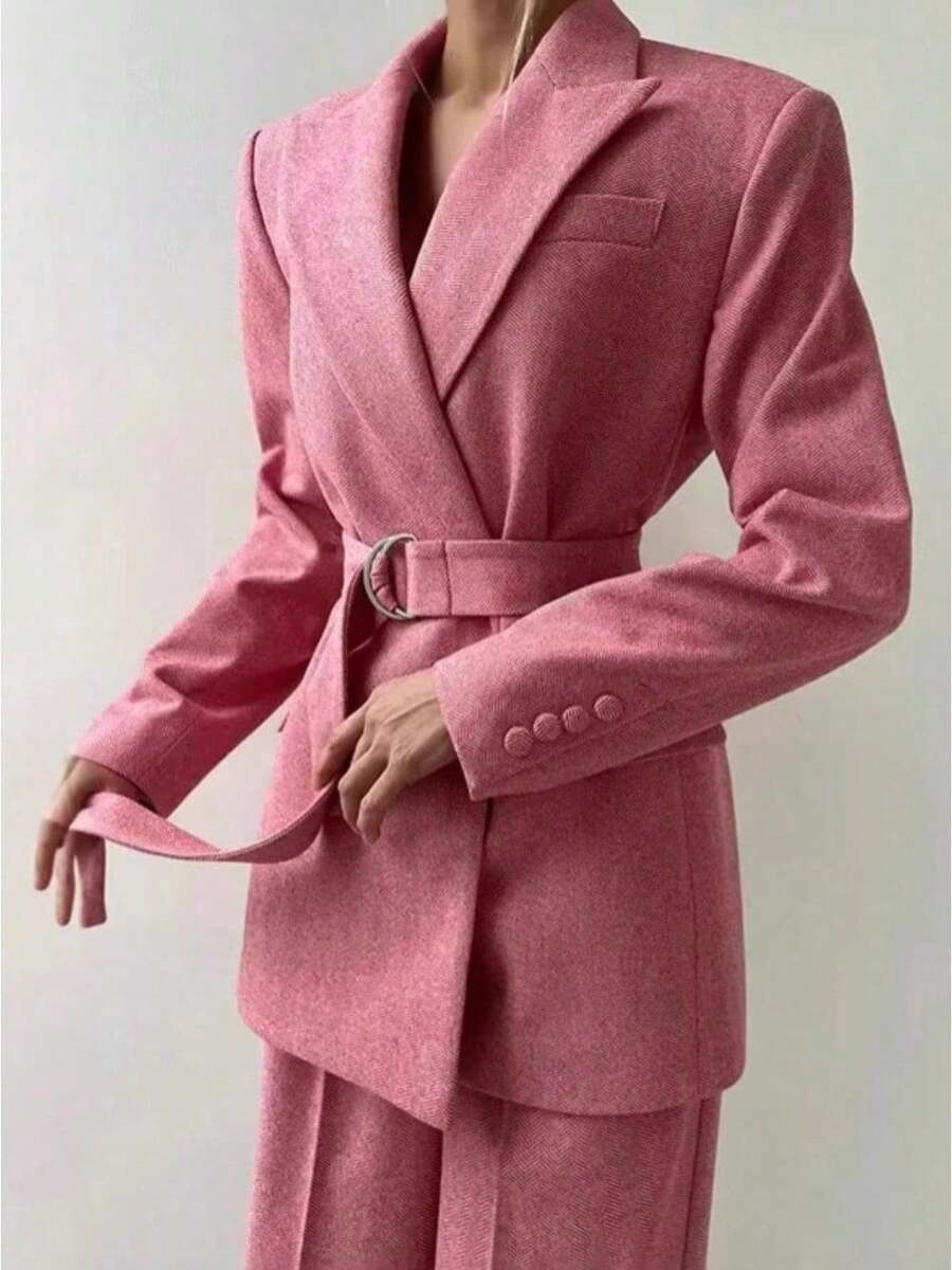 Autumn And Winter Fish Bone Fashion Waist Versatile Long Jacket Women's Vest Pants Three-Piece Suit Suit Long-Sleeved Women's Clothing - 粉色 - 查看 1