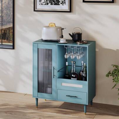 Meiyiu Bar Cabinet With Tempered Glass Door & Rack, 30.7" Freestanding Modern Buffet Sideboard For Dining Room, Kitchen Coffee Bar & Liquor Storage Cabinet With Drawers And Glass Holder