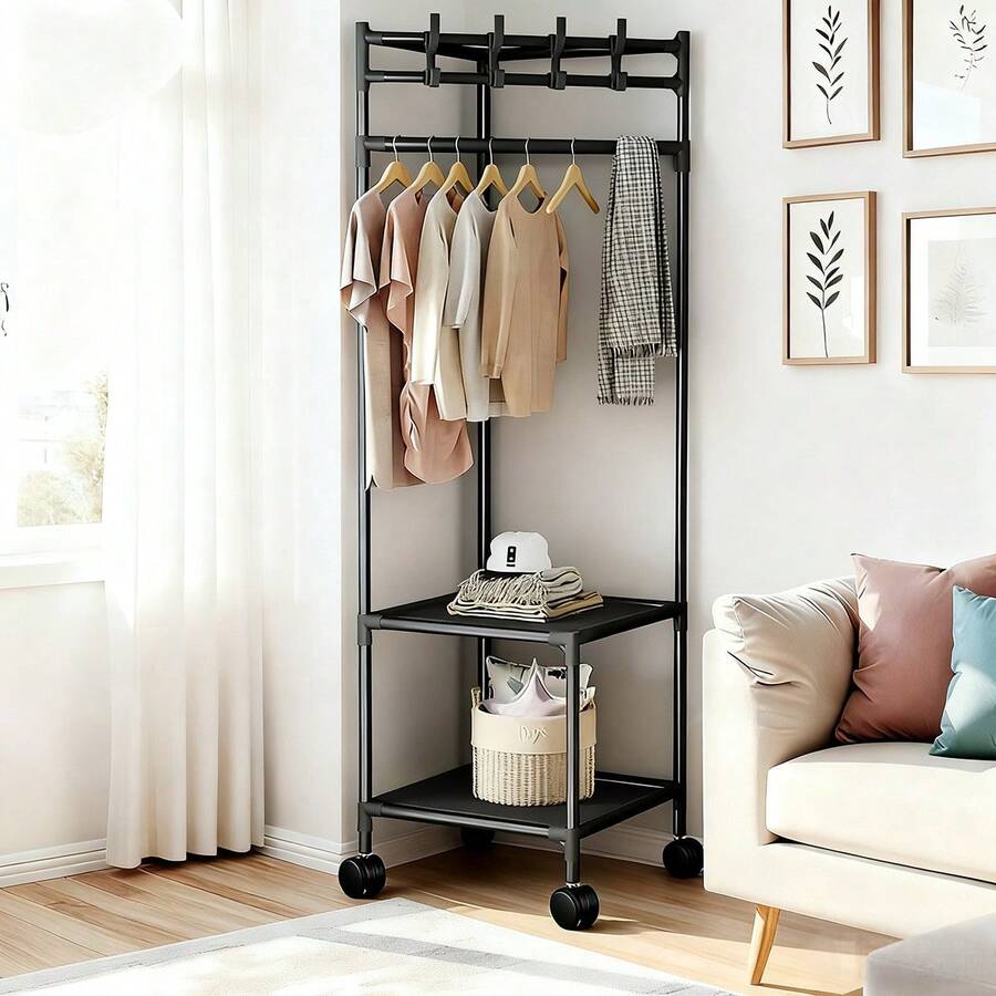 Metal Floor Coat Rack With Wheels, Featuring 2 Storage Shelves And 4 Hooks, Durable Clothing Rack, Suitable For Bedroom Corners, Hallways, Living Rooms, And Hotels - 黑色 - 查看 1