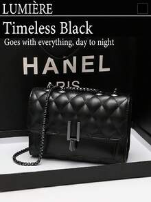 Elegant Black Quilted Crossbody Bag For Women Metal Chain Strap Shoulder Purse, Adjustable Strap, Polyester Lined, Urban Fashion Accessory - 黑色 - 查看 2