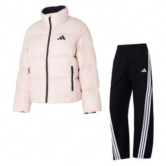 Adidas Conjunto deportivo para mujer: Chaqueta informal sin capucha Dance DOWN J (80 % plumón de pato) + Pantalón de punto Dance KNIT, pantalón recto de una sola capa, conjunto holgado para uso diario, actividades al aire libre y desplazamientos KQ5507+KE5802