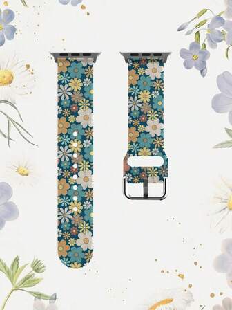 1条复古海军蓝花卉图案柔软弹力透气替换表带，兼容三星、佳明、荣耀智能手表，尺寸可选38mm、40mm、41mm、45mm、44mm、42mm、49mm，时尚休闲多色硅胶表带