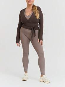 Women Ballet Wrap Top Long Sleeve Deep V Neck Cross Tie Workout Pilates Yoga Shirts Wrap Tie Crop Tops Sportswear Y2k Streetwear Slim Fitted Coquette Blouses - 咖啡色 - 查看 8