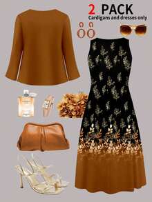 2pcs/Set Women's Elegant And Intellectual Casual Dress, Including Cardigan Tie-Front Top And Leaf Print Sleeveless Dress, Suitable For Daily Commute, Dates, Gatherings, Holiday Parties In Spring/Summer. The Top And Dress Can Be Worn Separately. - Khaki - View 4