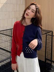 كارديجان محبوك بتصميم جيب بنقاط ملونة للنساء، قابل للعكس باللونين الأحمر والأزرق، بأسلوب أمريكي كاجوال مناسب للخروجات والزيارات والمواعيد في فصلي الخريف والشتاء - الأحمر - مشاهدة 3
