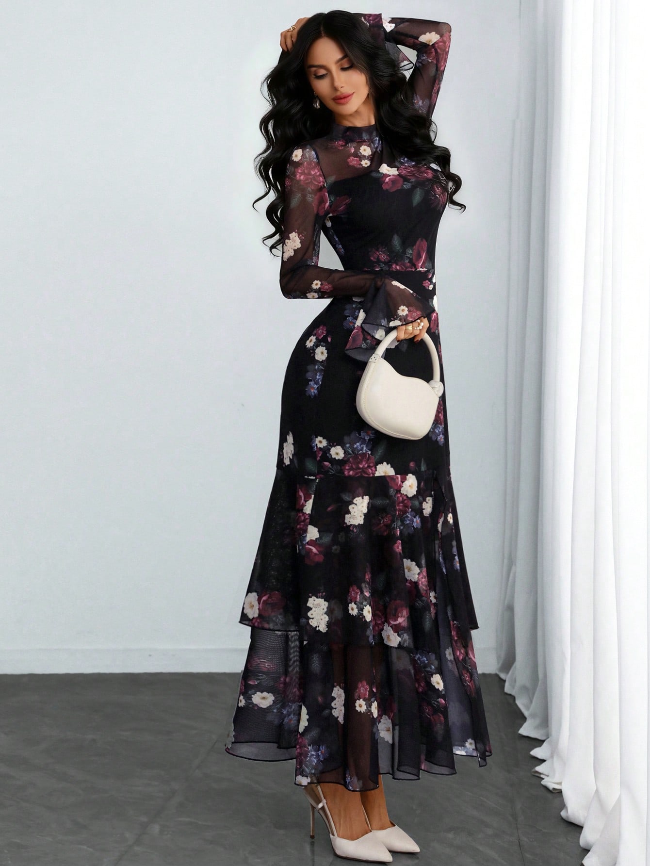 فستان نسائي مطبوع بياقة ماندرين، مشدود الخصر، وذو...