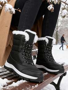 New Style Plush And Warm Outdoor Snow Boots For Cold Winter, Large Size Women's Shoes, Fashionable High-Top Hiking Boots, Women's Lace-Up Boots - 黑色 - 查看 1