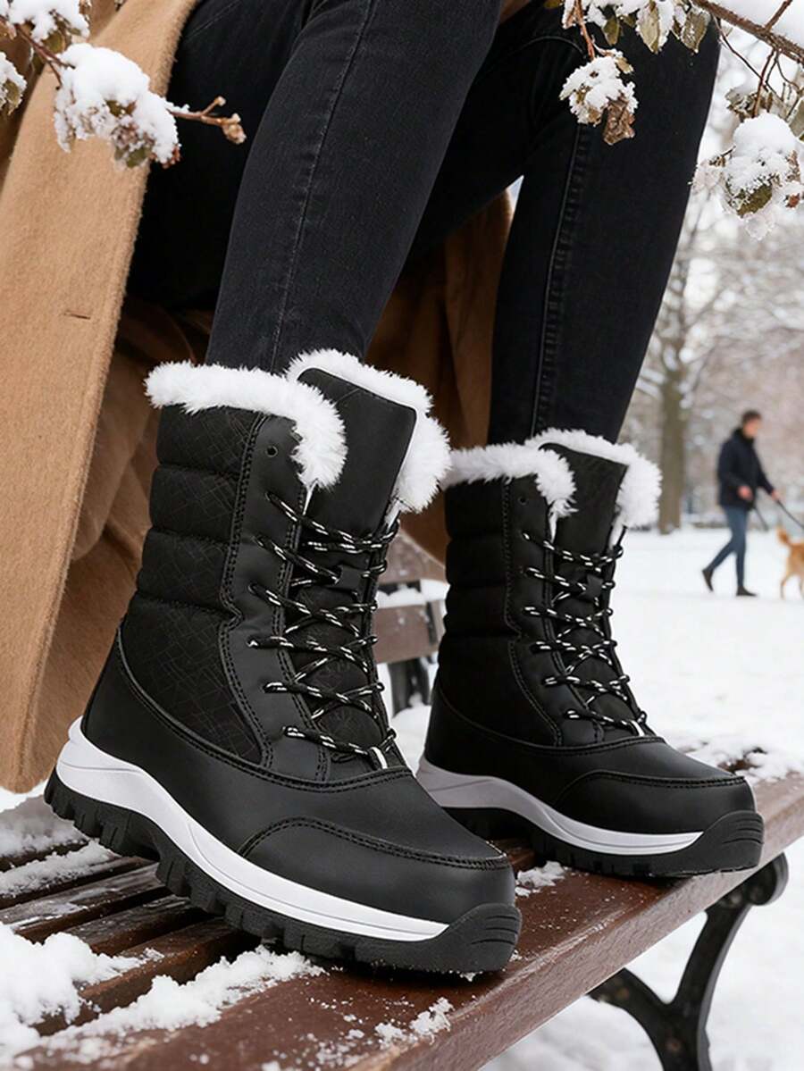 New Style Plush And Warm Outdoor Snow Boots For Cold Winter, Large Size Women's Shoes, Fashionable High-Top Hiking Boots, Women's Lace-Up Boots - 黑色 - 查看 1
