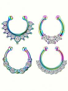 4pcs/Set Punk Style Stainless Steel White Zirconia Inlaid Clip-On Fake Nose Ring - 10mm Inner Diameter, Unisex, Suitable For Daily Wear And Festivals - Fake Septum Rings - View 7