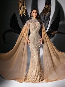 Đầm dạ hội sang trọng đính sequin và hạt cườm dành cho nữ, kiểu đuôi cá, thích hợp cho tiệc cocktail, dạ tiệc, tiệc cưới, lễ đính hôn, tiệc maxi. - Rượu sâm banh - Xem 2