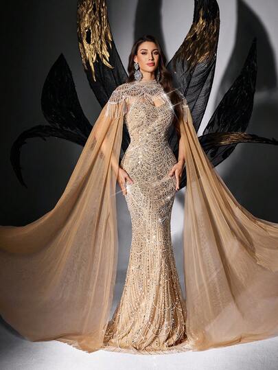 Vestido formal de fiesta con lentejuelas brillantes, vestido de noche de gala con cuentas y flecos para mujeres, vestido largo de sirena de unicolor sin espalda de manga larga para boda y primavera