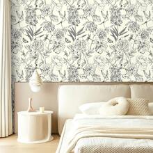 1 Roll Elegant Vintage Floral Self-Adhesive Wallpaper, Peel And Stick Wall Paper, Black & White Line Drawing Peony & Bird Pattern On Beige Background, Suitable For Living Room TV Backdrop, Home Decor, Cabinet, Bookshelf, Furniture Renewal, 17.32in Wide, Renter-Friendly, DIY Customizable - Multicolor - View 2