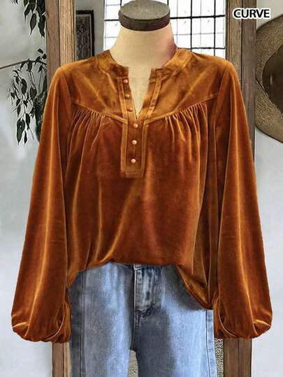 女士休闲秋冬纯色宽松百搭纽扣装饰V领长袖衬衫，秋季女装，女士冬装，万圣节衬衫，棕色衬衫