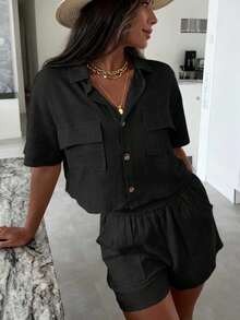 New Women's Casual Solid Color Holiday Seaside Style Shirt Pocket Shorts Two Pieces Set - Black - View 1