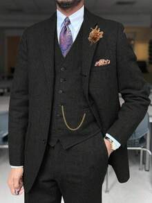 Mens Wool Suits Black 3 Pieces Herringbone Tweed Suit Vintage Retro Slim Fit Smart Formal Classic Tuxedos Business Commuting - màu đen - Xem 1