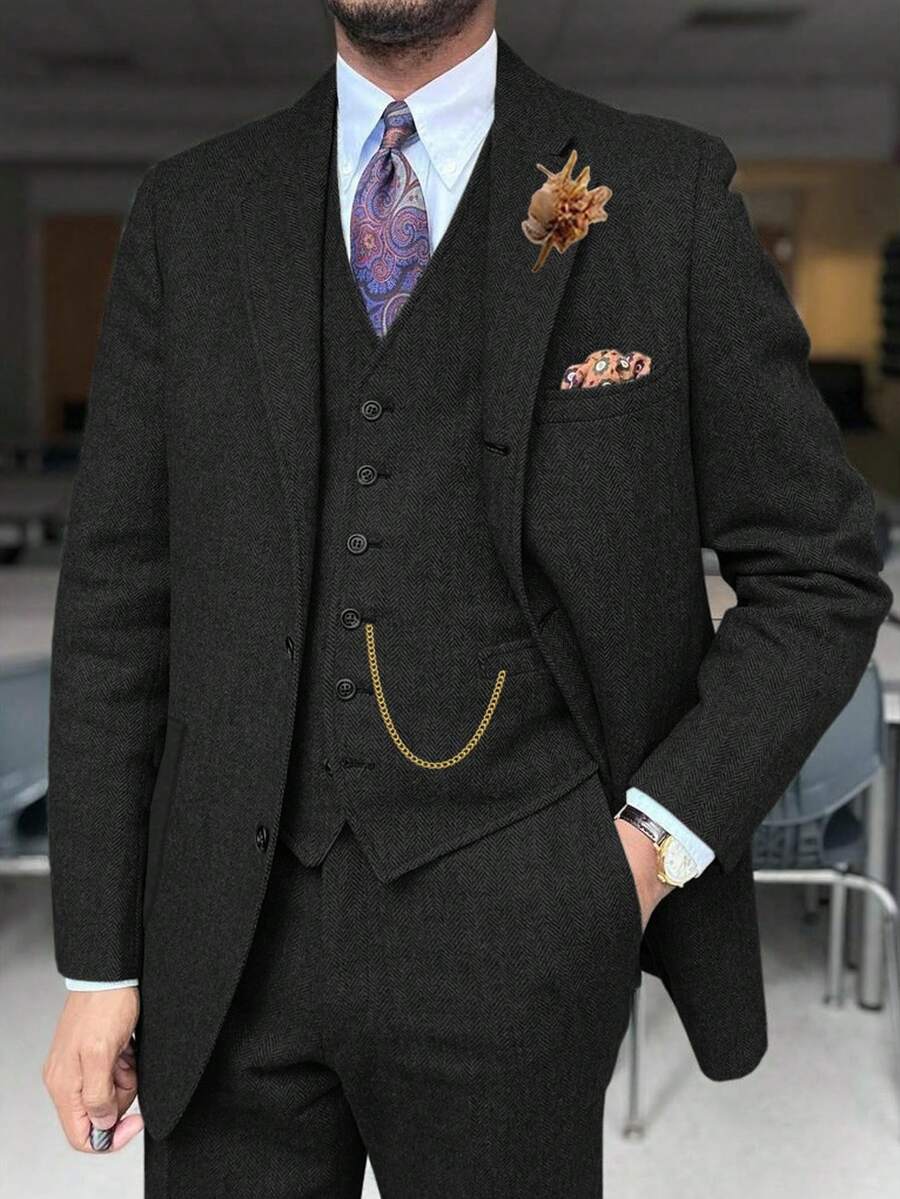 Mens Wool Suits Black 3 Pieces Herringbone Tweed Suit Vintage Retro Slim Fit Smart Formal Classic Tuxedos Business Commuting - màu đen - Xem 1