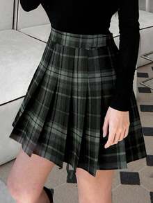 格子随机条纹休闲百褶高腰女裙，适合度假、日常穿着，四季皆宜 - 黑色 - 查看 1