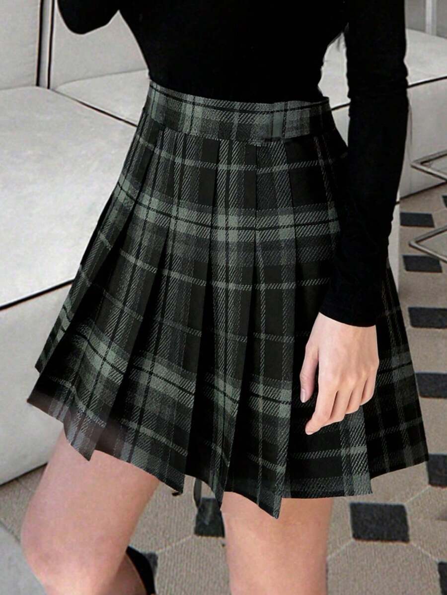 格子随机条纹休闲百褶高腰女裙，适合度假、日常穿着，四季皆宜 - 黑色 - 查看 1