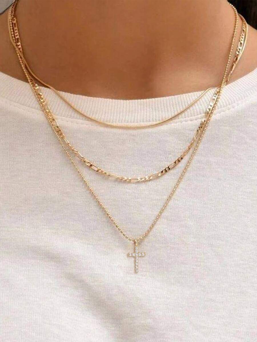 Nooxian 3件套时尚休闲基础款金链项链，搭配铜十字架吊坠项链，可叠戴，适合女性日常佩戴