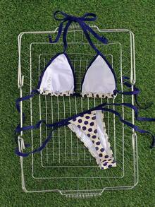 Bộ bikini chấm bi hở lưng gợi cảm, áo tắm hở lưng buộc dây dành cho nữ, độ co giãn vừa phải - Màu xanh lam - Xem 4