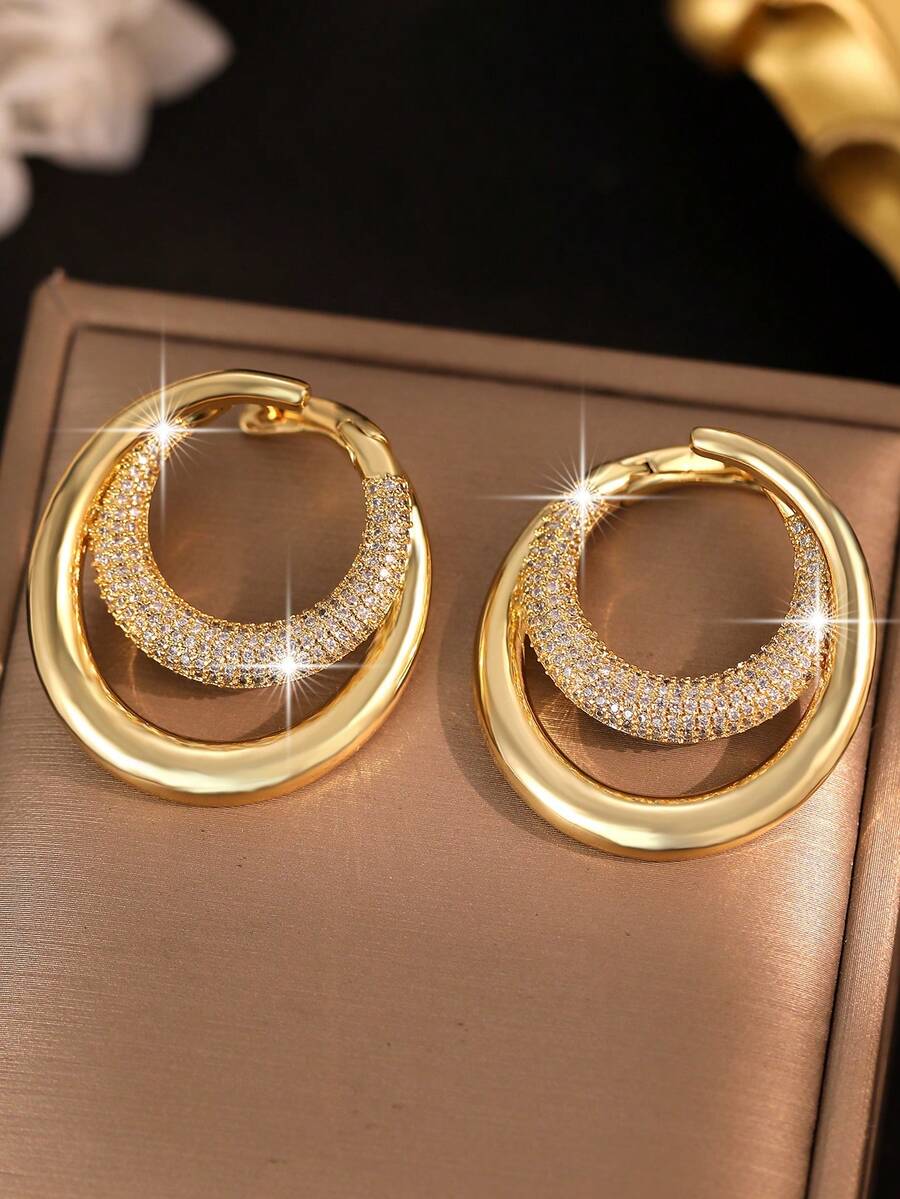 1對奢華雙圓圈鍍金耳環，鑲嵌華麗立方鋯石，女性日常裝飾、訂婚派對用銅製珠寶耳環
