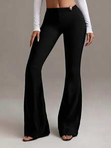 XLLAIS 春冬休闲低腰弹力运动喇叭裤 时尚金色纽扣加厚女裤 - 黑色 - 查看 2