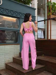 Conjunto Pantalona Calça Cargo e Cropped Infantil e Juvenil Tecido sensorial marrant Ajustavel Fresco Detalhes de Bolsos Cargo e Fivelas Laterais 08 a 16 anos Conjunto Para Festas ou Passeio - Rosa Bebê - Visão 6