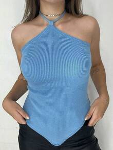Cropped Ribbed Modal Women's Plain Halter Summer Tie Neck Knit Moura Tricot - Baby Blue - View 3