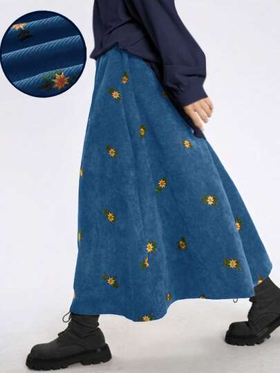 秋冬复古棕色灯芯绒绣花裙，秋季及膝绣花裙，校服裙，复古老钱裙，万圣节和圣诞节裙