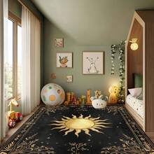 1Pc Large Mystical Moon & Golden Crescent Floral Area Rugs, Celestial Black With Golden Accents,Non-Slip Backing, Lightweight, Durable Polyester, Machine Washable, Easy To Clean, Soft Felt Back, Rug For Living Room, Bedroom Or Office, Sofa, Coffee Table, Kitchen, Bathroom, Balcony, Entrance Carpet, Apartment, Dormitory, Porch, Patio, Farmhouse Decor, Halloween, Fall Decor, Dark Academia Style, Indoor Use, Rugs For Living Room, Low Pile Carpet - 樣式 7 - 查看 2
