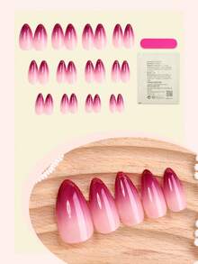 24片法式全息亚克力美甲贴纸，中号杏仁形，Y2K红色渐变假指甲套装，包含装饰指甲粉，适合美甲沙龙、女孩和女士日常佩戴、节日和新年礼物 - 彩色 - 查看 2