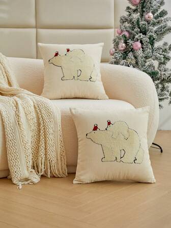 1pc Cute Polar Bear & Santa Hat Embroidered Throw Pillow Cover, Suitable For Living Room, Bedroom, Sofa, Party, All Season, Autumn/Winter