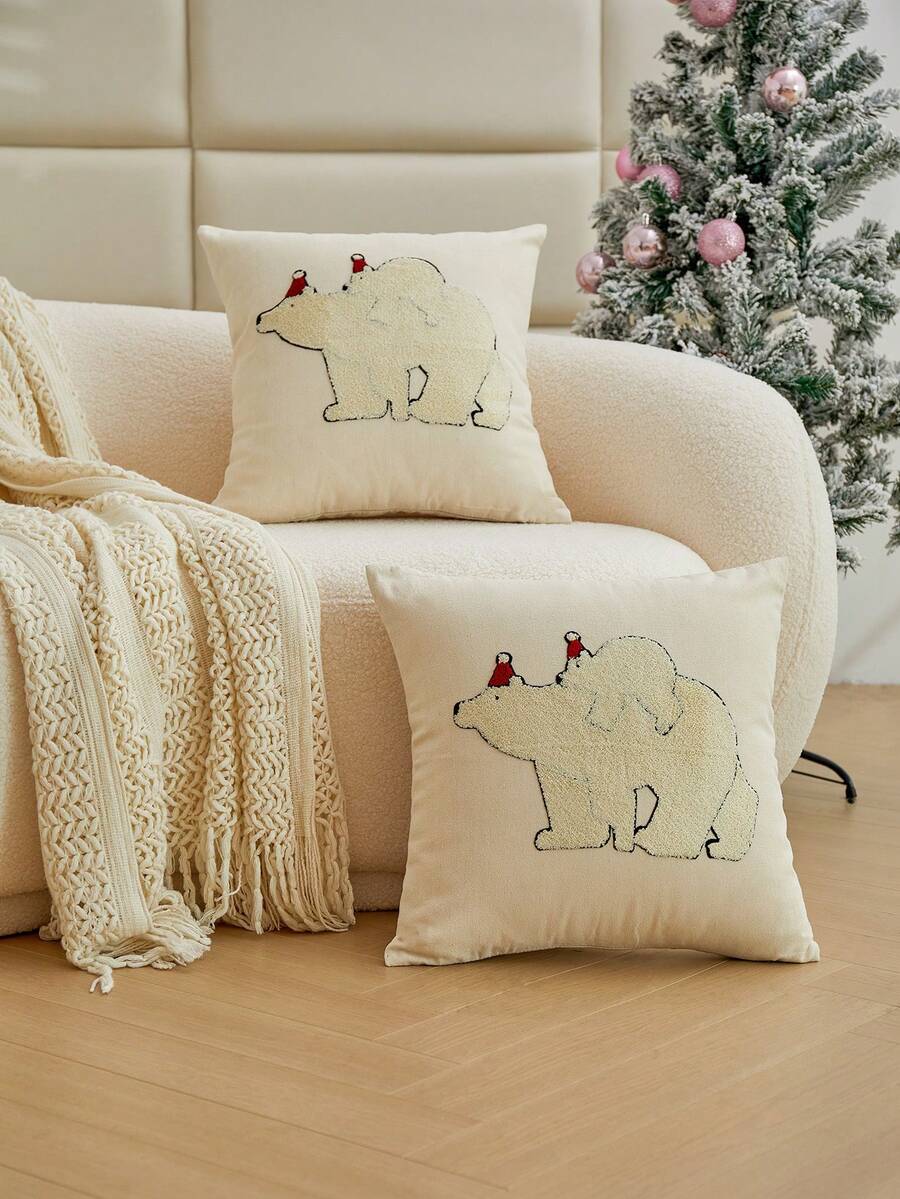 1pc Cute Polar Bear & Santa Hat Embroidered Throw Pillow Cover, Suitable For Living Room, Bedroom, Sofa, Party, All Season, Autumn/Winter - Multicolor - View 1