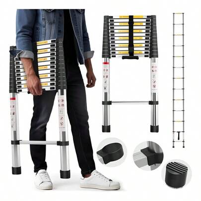 Escalera Telescópica de 5m con Pies Antideslizantes, Escalera Compacta Multiusos de Acero Inoxidable, Escalera Plegable para Hogar, RV, Techo, ático, Acceso al ático,Escalera Ahorradora de Espacio,Escalera Ligera,Escalera Ajustable,Escalera Multiusos,Propietarios de viviendas,Entusiastas del