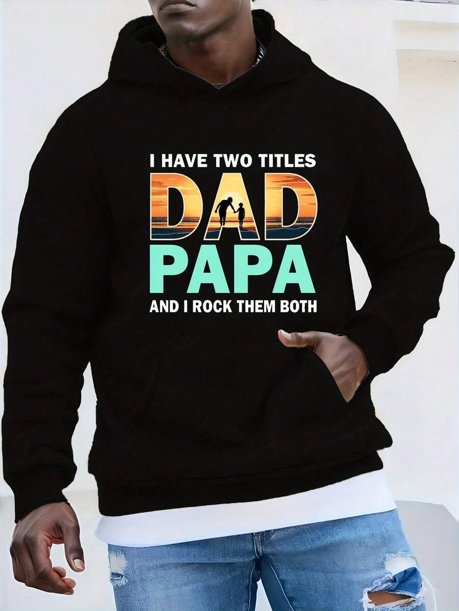 sweat-shirt à capuche grande taille pour homme - Motif d'impression plage coucher de soleil Papa et Daddy, Design de texte "J'ai deux titres", pull ample et décontracté, lavable en machine, motif géométrique, tissu confortable pour le week-end, mode, grande taille - Noir - Voir 1