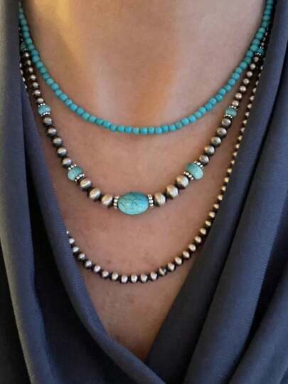 3pcs Vintage Silver Tone Turquoise Beaded Necklace, Retro Choker Necklace Suitable For Daily Wear With Various Outfits