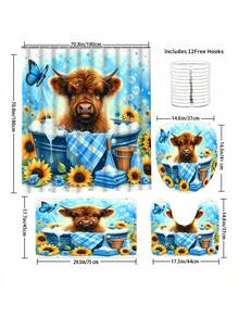 高地牛图案1/3/4件套浴帘套装，时尚浴室装饰，防水浴帘套装（含12个挂钩），防滑浴室地垫，U型马桶垫，马桶座套，理想的圣诞礼物 - 彩色 - 查看 4