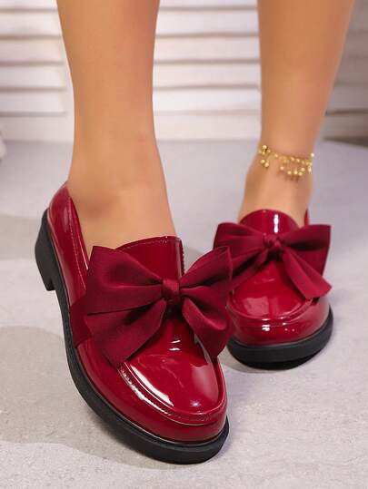 Women's Commuting Bright Red Bow Decor Flat Shoes, British Style Slip-On Loafers, Casual Everyday Wear & Date, Versatile Mid-Heel Flats, Plus Size 35-44, Autumn/Winter
