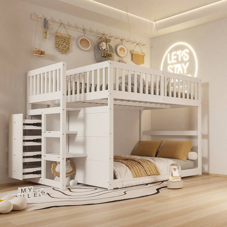 Cama litera baja 140 x 200, cama litera de con almacenamiento, diseño de barandilla alta, cama de madera, blanca - Blanco + Madera + 140 cm x 200 cm - Ver 1
