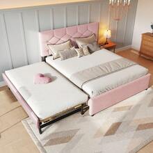 Upholstered Bed, 90x200cm, Bed With Slatted Base (Without Mattress), Bed With Storage Container, Velvet, Minimalist, Pink - Pink + Velvet + 140cm*200cm - View 2