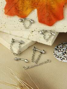 1 pieza Anillo de labio de 16G de acero inoxidable para mordedura de serpiente, joyería de piercing para mujeres. Anillos de ceja, tragus, hélix, rook con cadena, pendientes de cartílago de acero inoxidable con CZ, piercing de labret con cadena de 3cm - Plateado - Ver 4