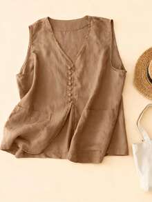 艺术亚麻马甲外套新款单排扣叠层无袖上衣极简短款女式上衣，夏季亚麻女裙，复古波西米亚风半身裙