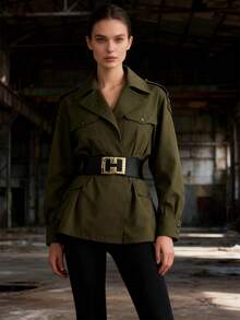 1pc 2025 Winter New Women's Elastic Waist, Casual Fashion Korean Style Decorative Button Belted Dress - Multicolor a - View 6