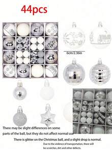 44pcs-Christmas Ball Ornaments Silver And White Christmas Ornaments Set And Christmas Flower For Christmas Tree Decoration Shatterproof Christmas Hanging Balls For Xmas Party Home Decor