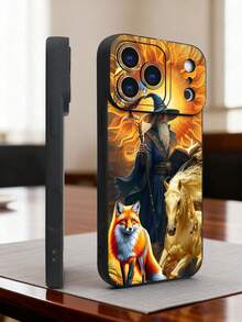 1 pieza Funda de teléfono con diseño de mago, zorro y caballo dorado sobre fondo de fuego, estilo artístico fantástico ideal para fiestas temáticas, moda urbana creativa, protección elevada para lente con diseño de ojo, resistente a golpes, compatible con iPhone17 ProMax/16/15/14/13/12/11/Plus/Pro/ProMax, compatible con Galaxy A34/A35/A54/A55, Galaxy S20/S21/S22/S23/S24/S25 Ultra/Plus, compatible con Galaxy/Redmi/Honor/OPPO/ViVo - Negro - Ver 6