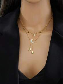 1pc Versatile Double-Layer Tassel Star & Moon Necklace, Lightweight & Luxurious, Fashionable & Unique, Niche Design, Choker Necklace - Double-layered Star and Moon Tassel Necklace - View 1