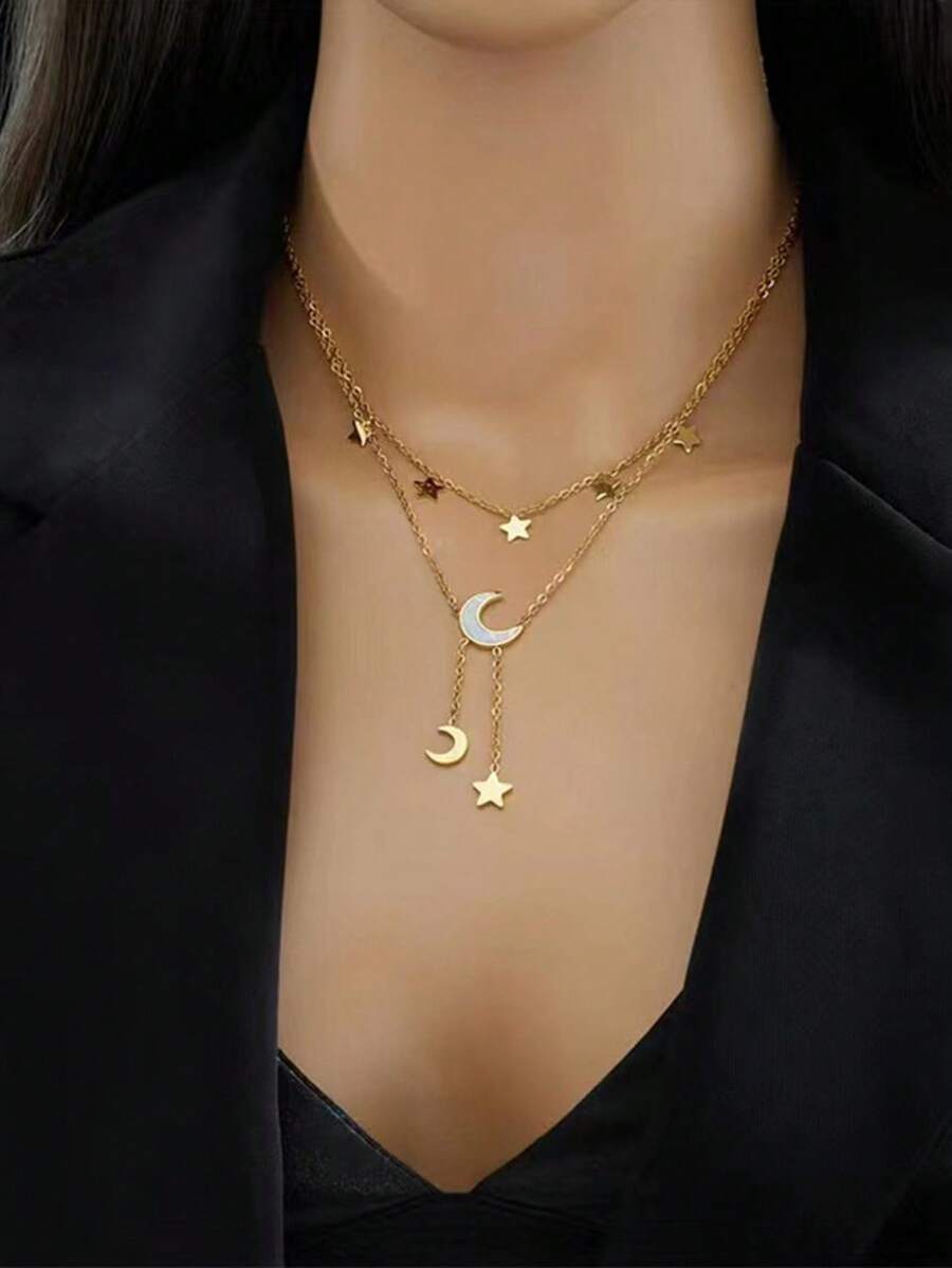 1pc Versatile Double-Layer Tassel Star & Moon Necklace, Lightweight & Luxurious, Fashionable & Unique, Niche Design, Choker Necklace - Double-layered Star and Moon Tassel Necklace - View 1